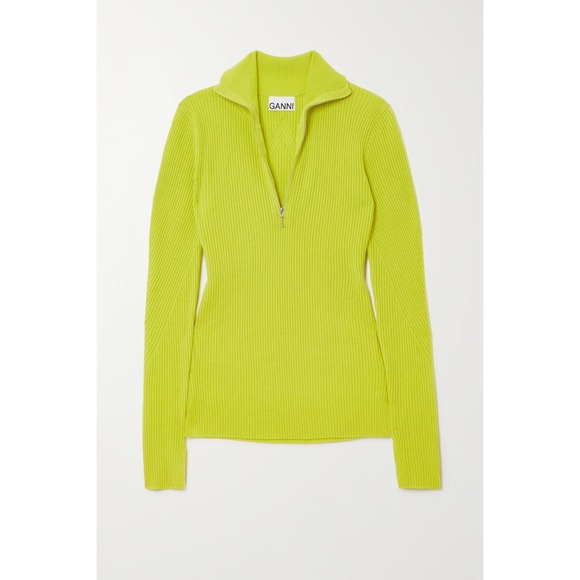 Ganni Sweaters - Ganni Lime Popsicle Ribbed Wool Quarter Zip Sweater Womens Size M FLAWED